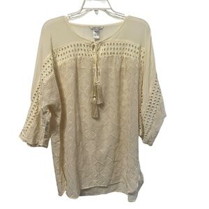 John Mark Womens Embroidered Keyhole Tie Up Neck Roll Tab  Sleeve Tunic Top M